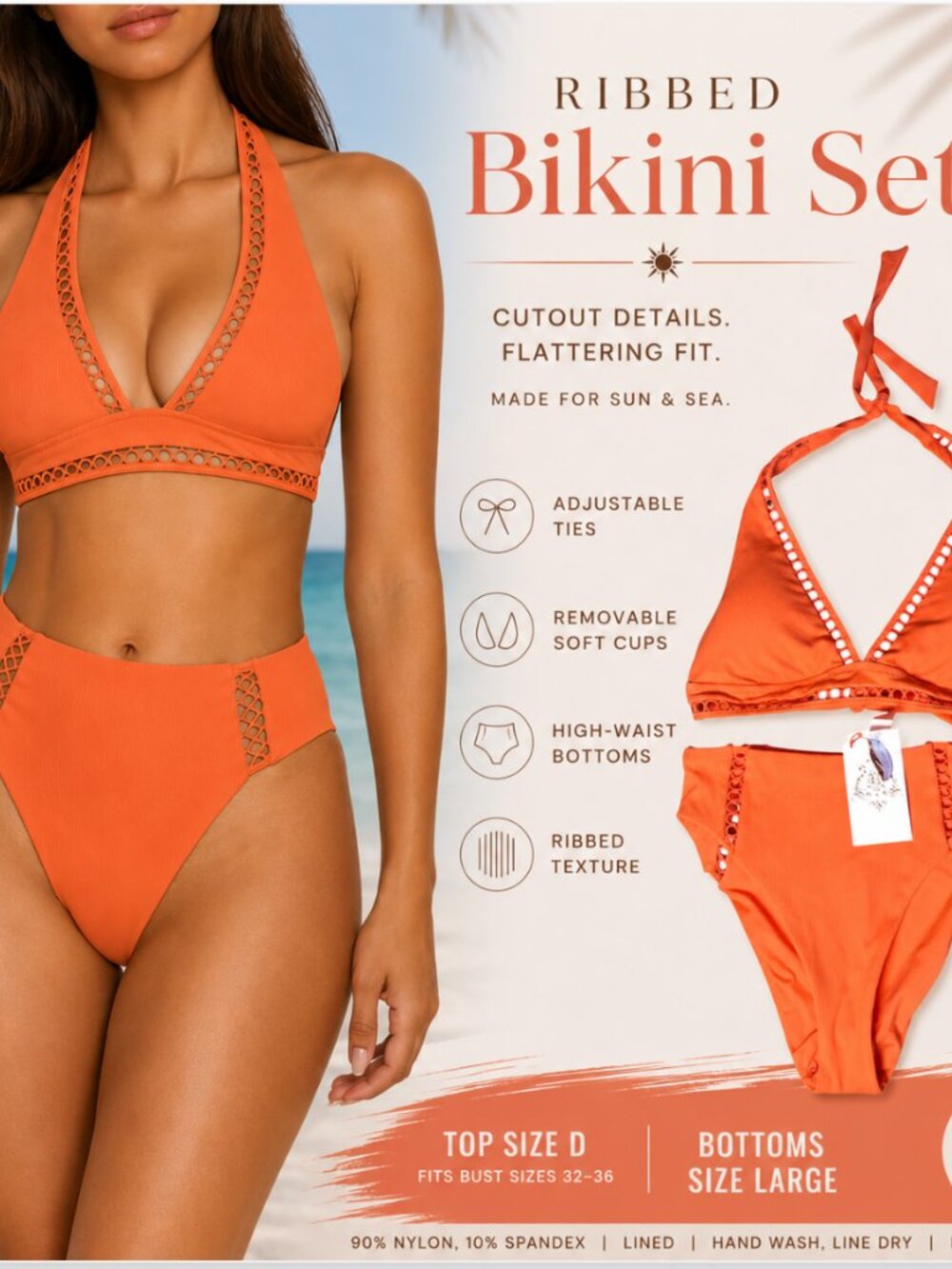 NWT Becca Coral Orange Ribbed Cutout Bikini Set Top Size D / Bottoms Large